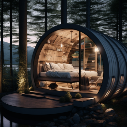 A finished circular glamping pod