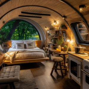 The interior of a well designed glamping pod