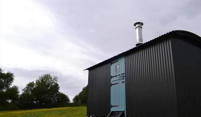 A black tin modern Shepherds hut nestled in the Berkshire countryside