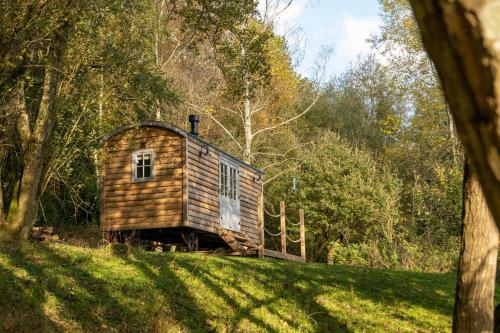 Winsham shepherds hut, nestled in a woodland with wooden steps up and a roped area to the front